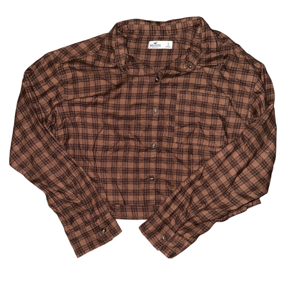 Hollister Womens Brown Black Plaid Cropped Button Down Long Sleeve Shirt Size S